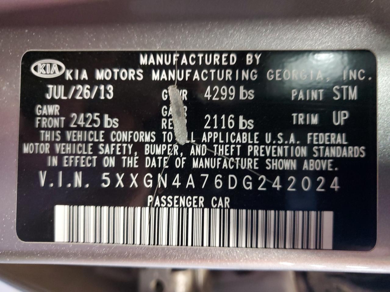 2013 Kia Optima Ex VIN: 5XXGN4A76DG242024 Lot: 63626554