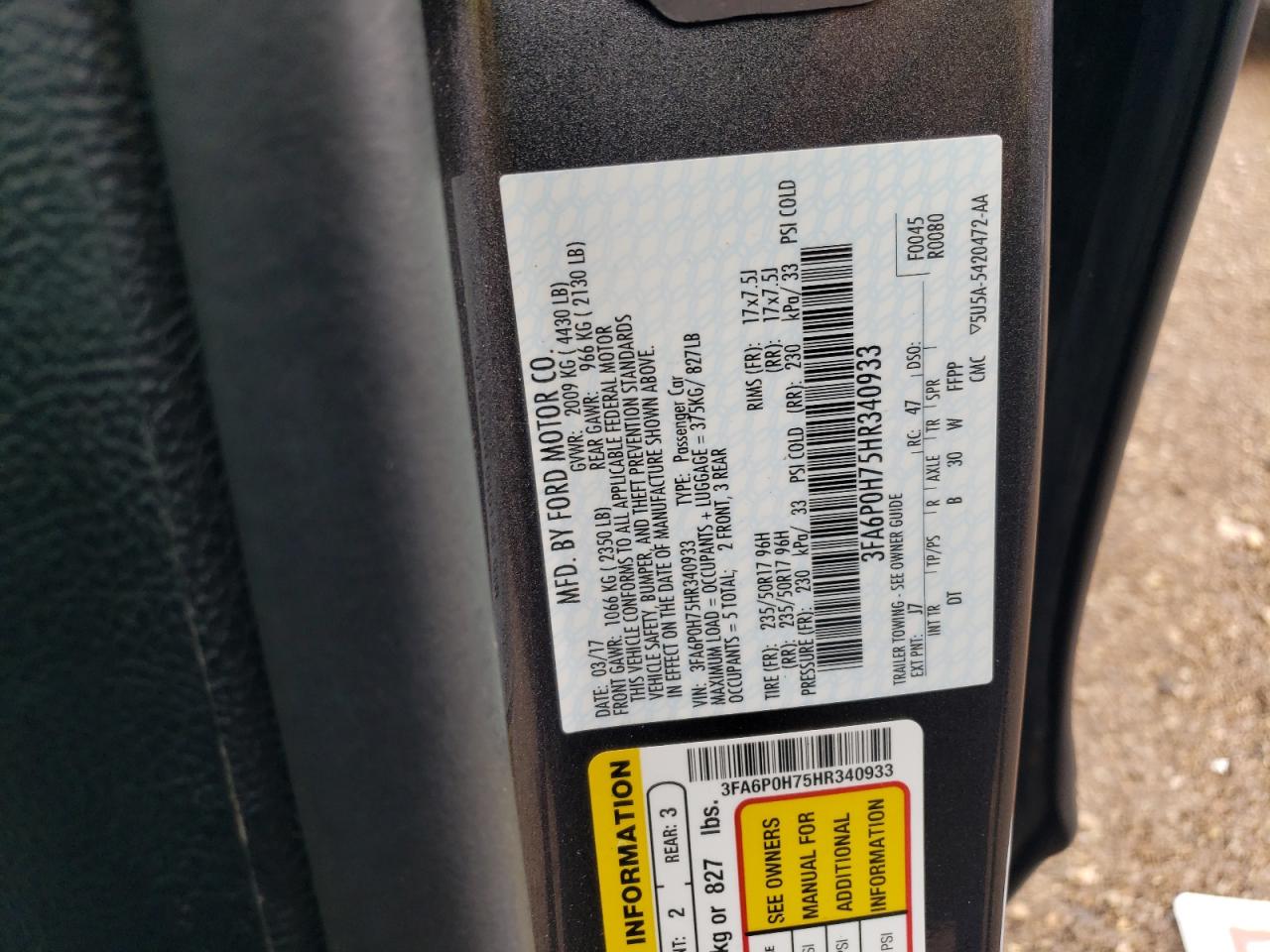 2017 Ford Fusion Se VIN: 3FA6P0H75HR340933 Lot: 62259994