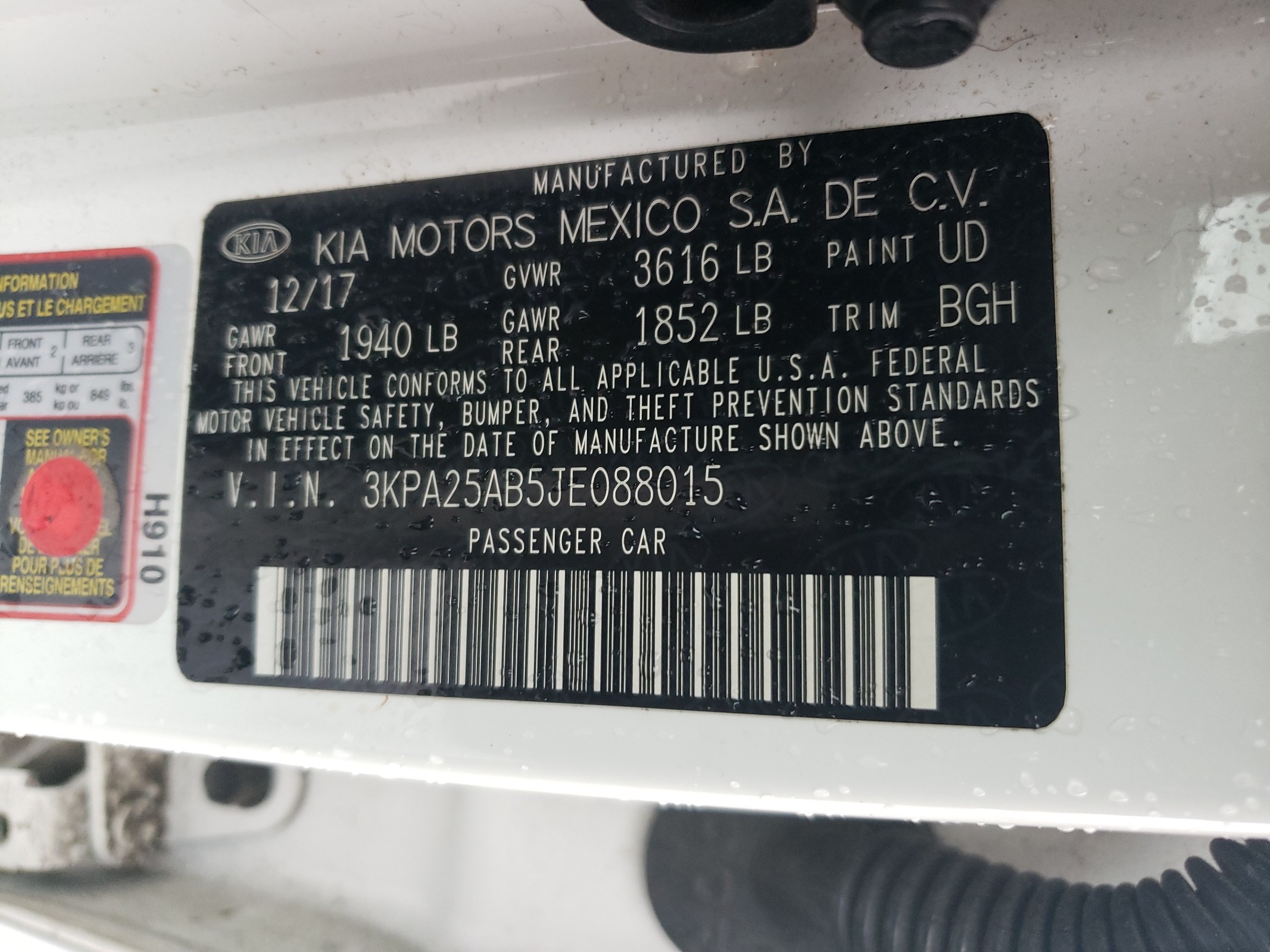 3KPA25AB5JE088015 2018 Kia Rio Lx