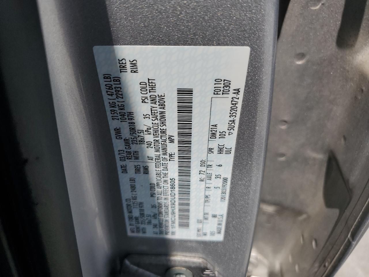 2013 Ford Escape Sel VIN: 1FMCU9HX9DUD18605 Lot: 65209494