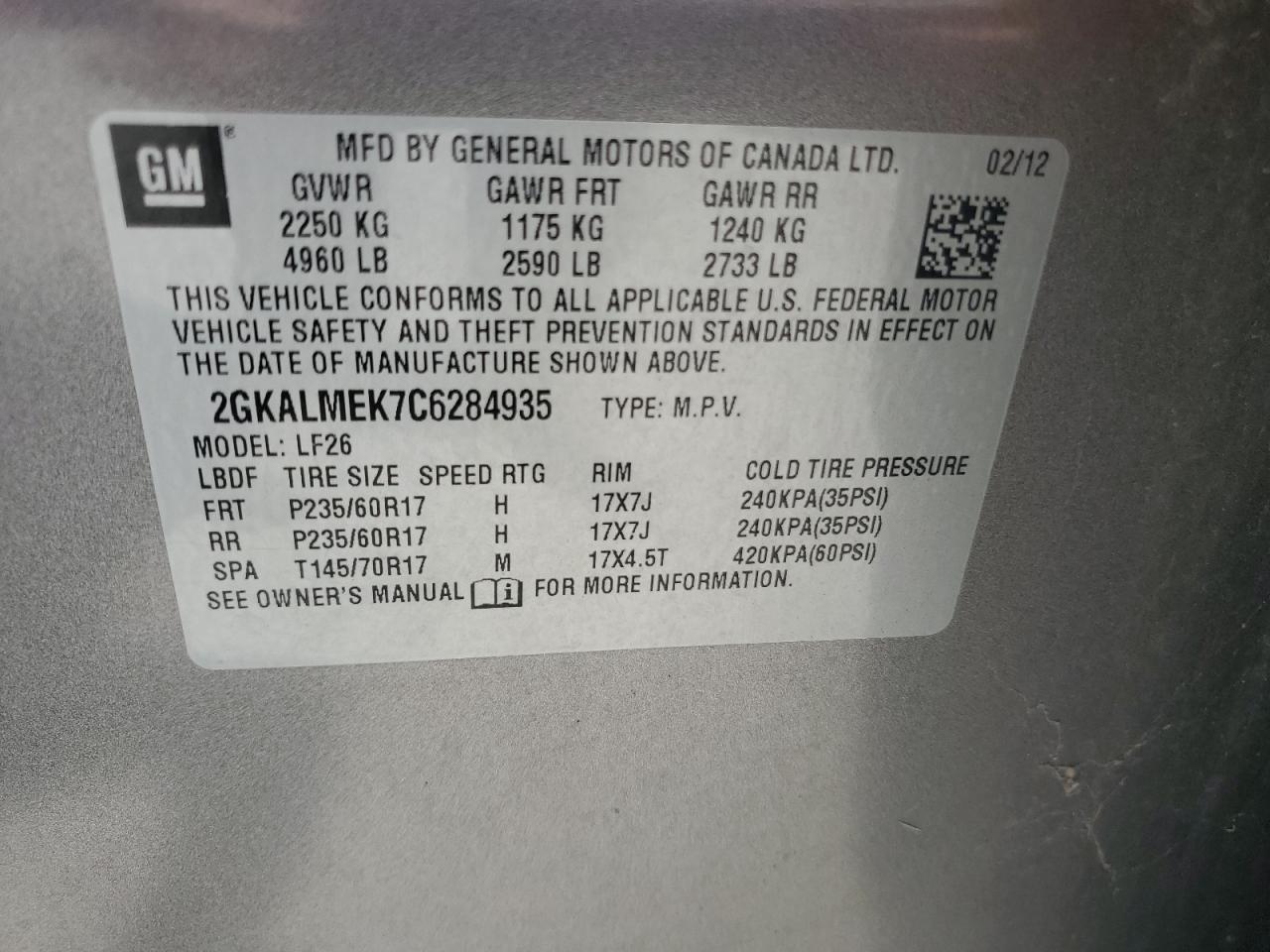 2012 GMC Terrain Sle VIN: 2GKALMEK7C6284935 Lot: 61664554