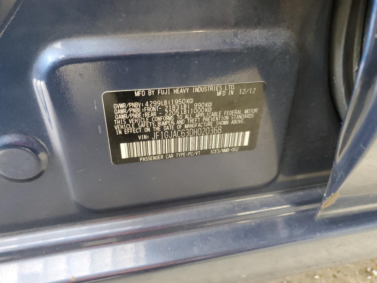 2013 Subaru Impreza Premium VIN: JF1GJAC63DH020368 Lot: 63794644