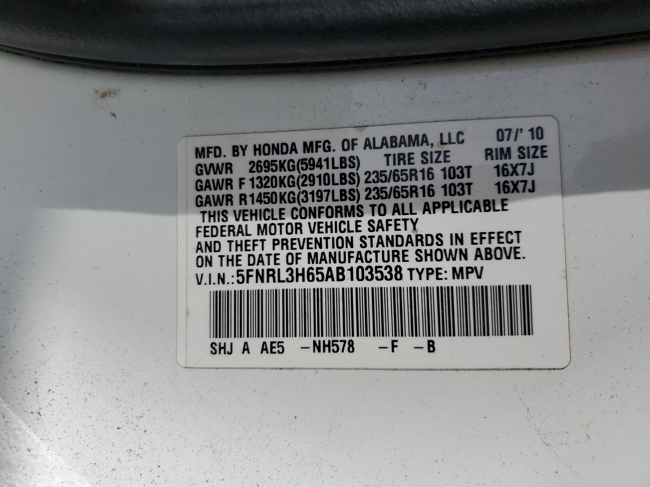 5FNRL3H65AB103538 2010 Honda Odyssey Exl