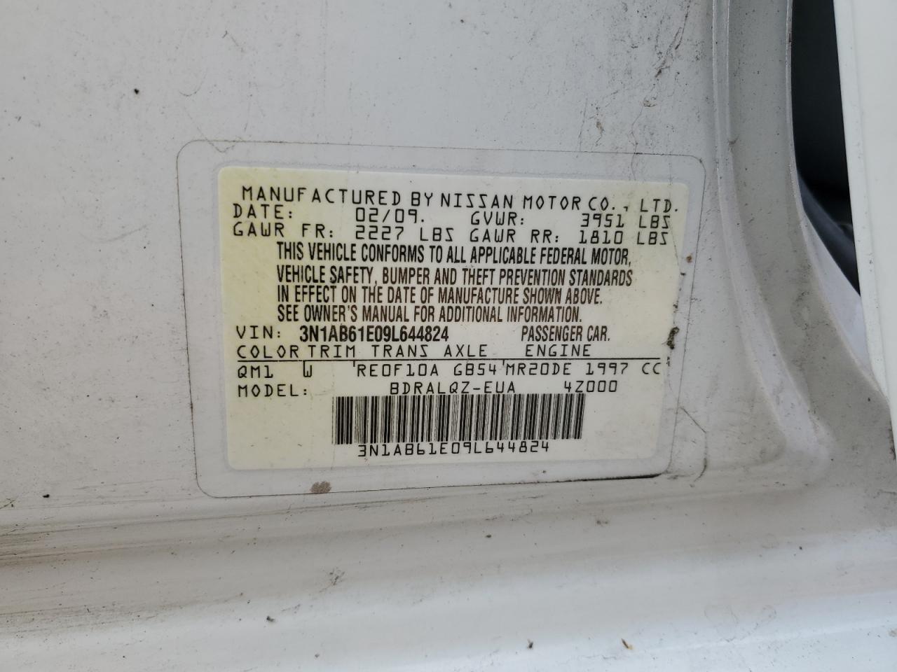 2009 Nissan Sentra 2.0 VIN: 3N1AB61E09L644824 Lot: 64202904