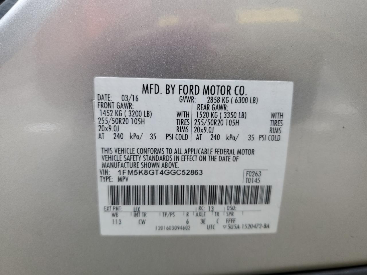 2016 Ford Explorer Sport VIN: 1FM5K8GT4GGC52863 Lot: 64235094