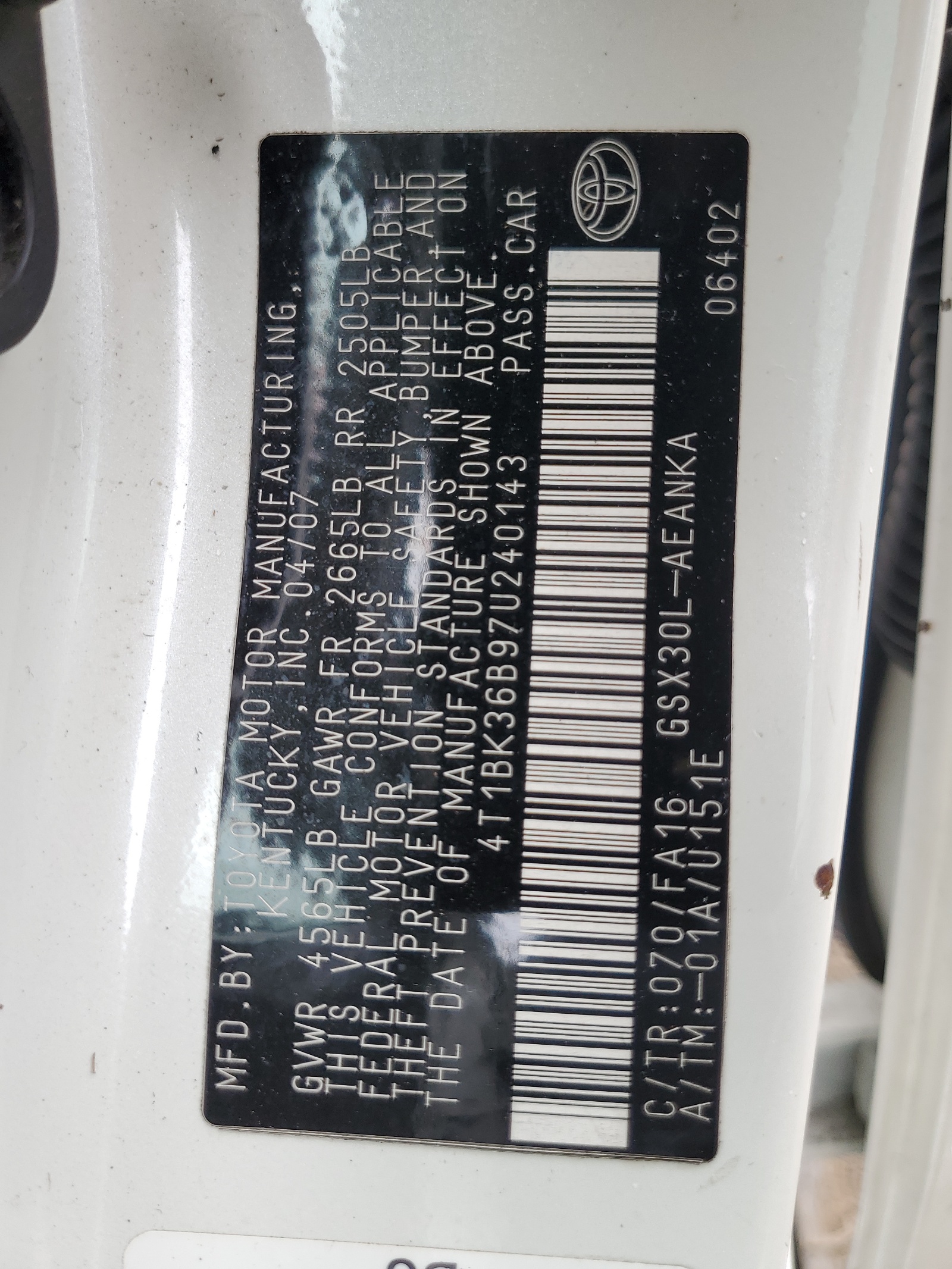 4T1BK36B97U240143 2007 Toyota Avalon Xl