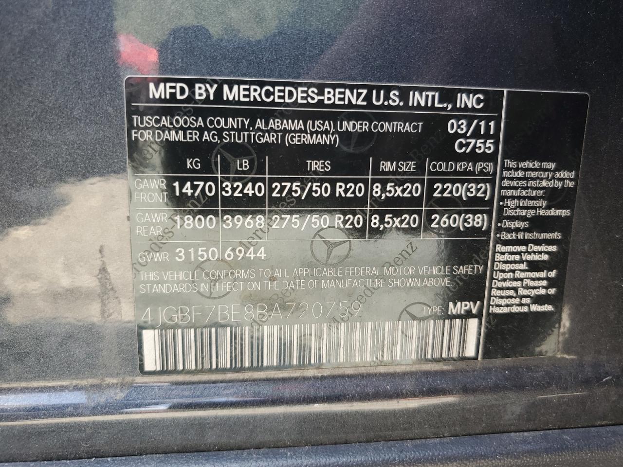 2011 Mercedes-Benz Gl 450 4Matic VIN: 4JGBF7BE8BA720759 Lot: 64599324