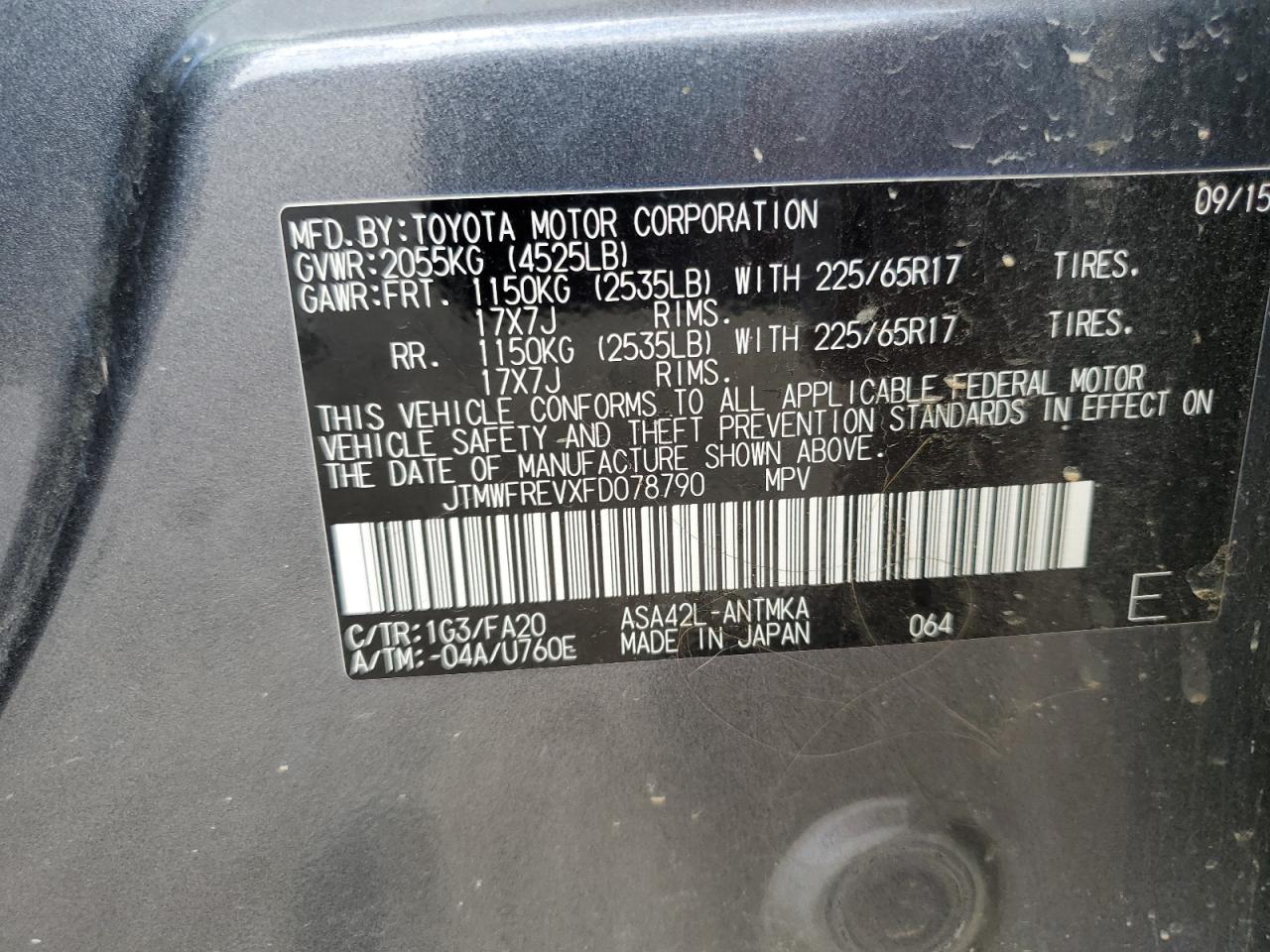 2015 Toyota Rav4 Xle VIN: JTMWFREVXFD078790 Lot: 62610444