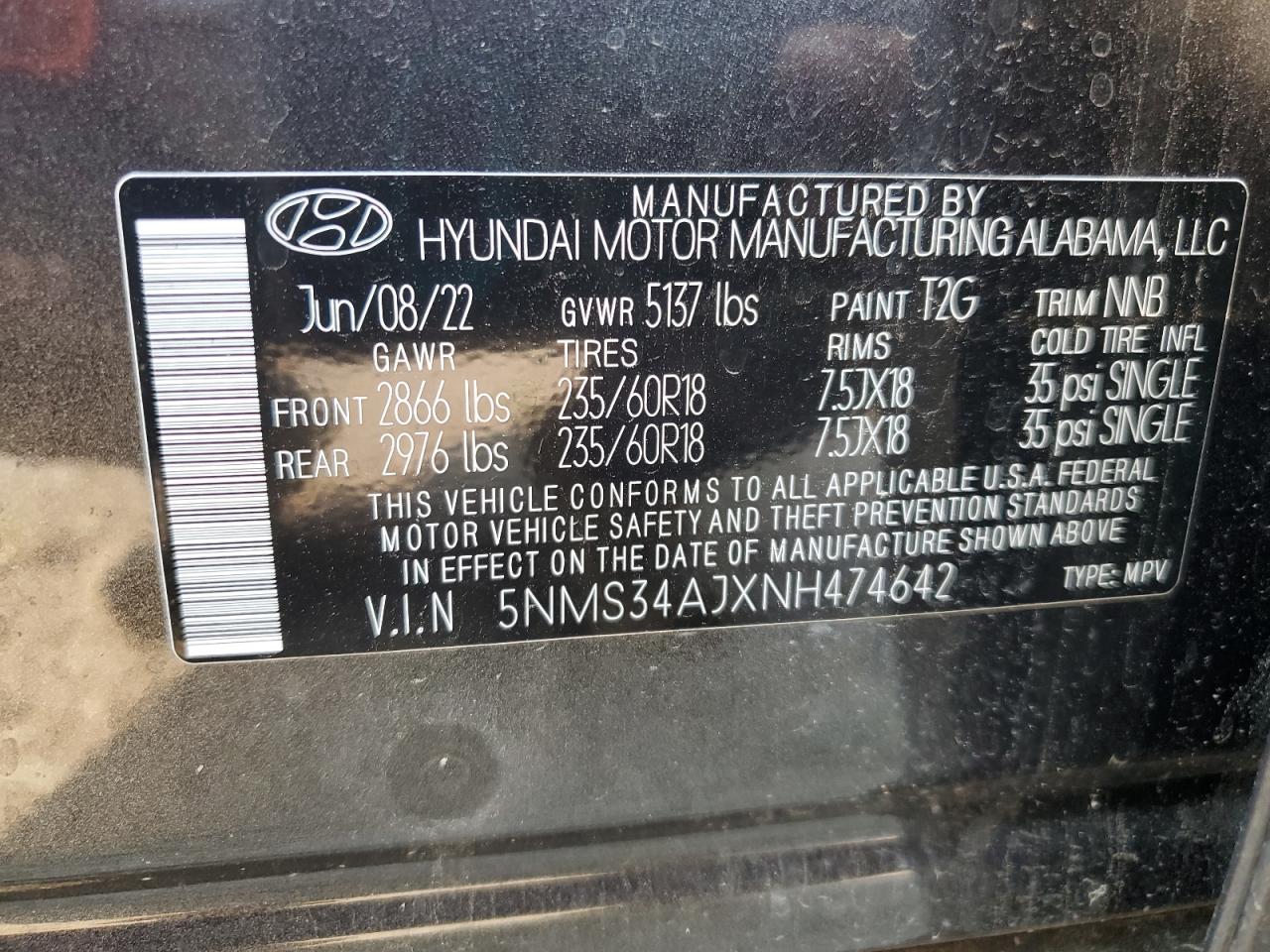 5NMS34AJXNH474642 2022 Hyundai Santa Fe Sel