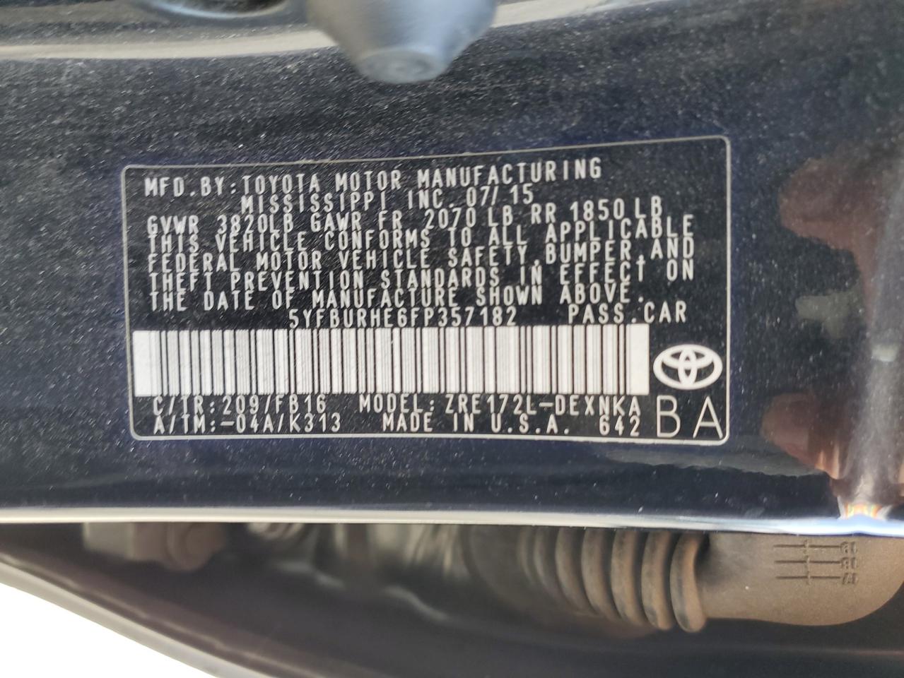 5YFBURHE6FP357182 2015 Toyota Corolla L