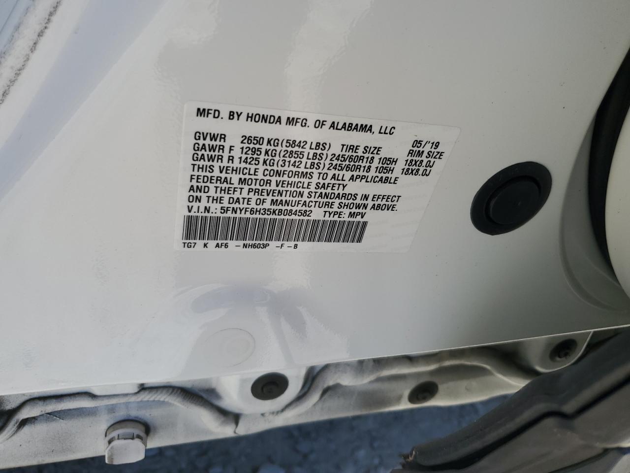 5FNYF6H35KB084582 2019 Honda Pilot Ex