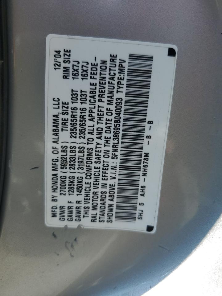 2005 Honda Odyssey Exl VIN: 5FNRL38695B040093 Lot: 62743534