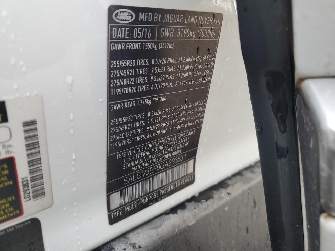 2016 Land Rover Range Rover Autobiography VIN: SALGV3EF9GA293831 Lot: 65193874