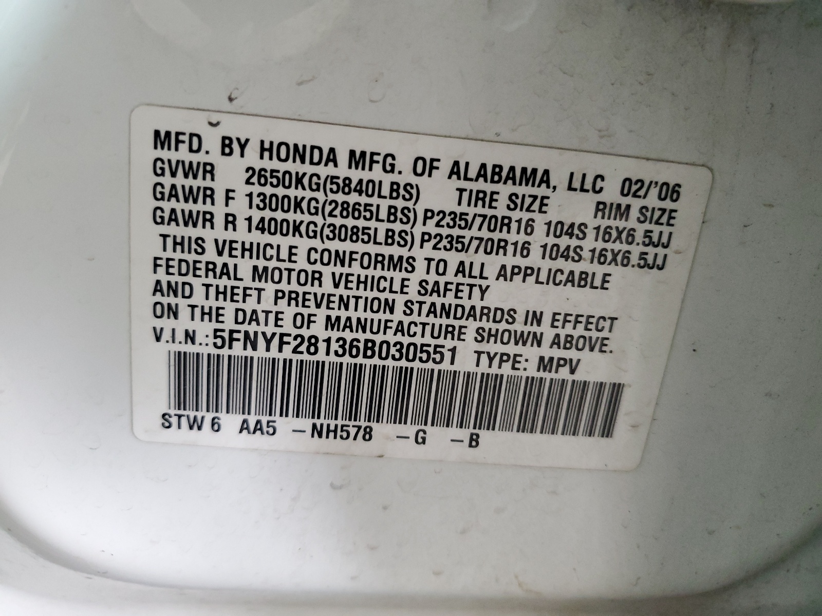 5FNYF28136B030551 2006 Honda Pilot Lx