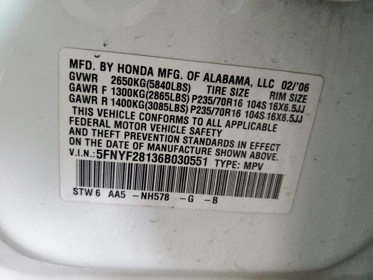 2006 Honda Pilot Lx VIN: 5FNYF28136B030551 Lot: 64253004
