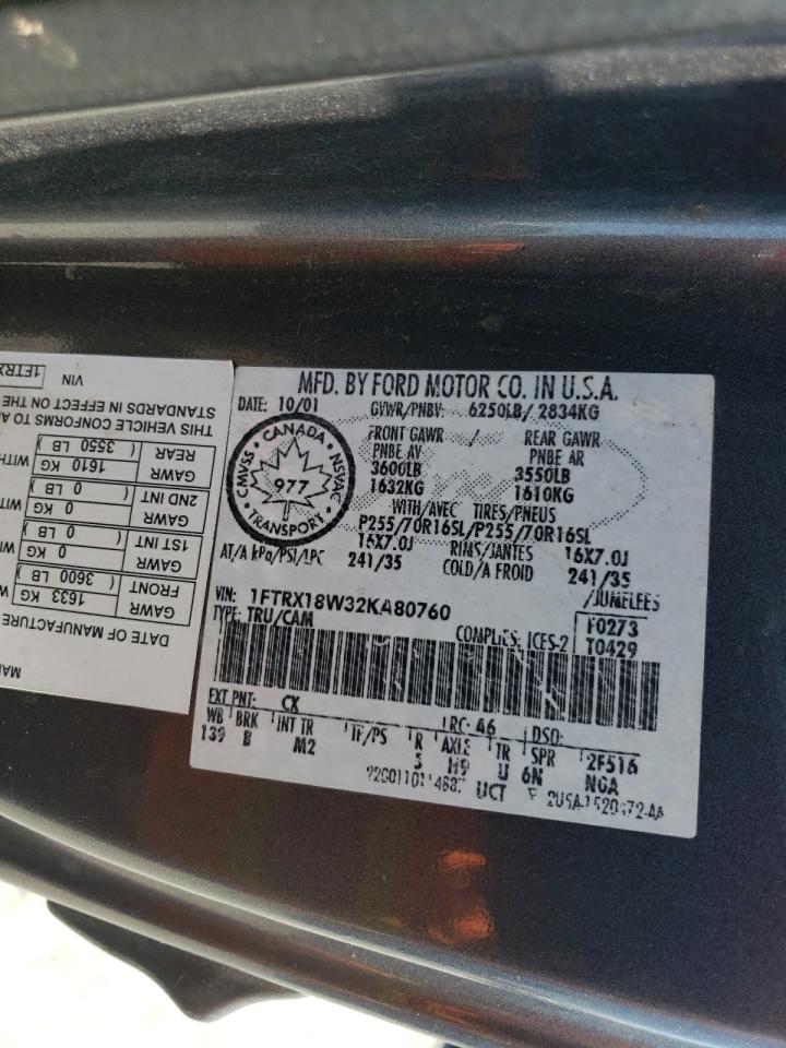 2002 Ford F150 VIN: 1FTRX18W32KA80760 Lot: 63135054