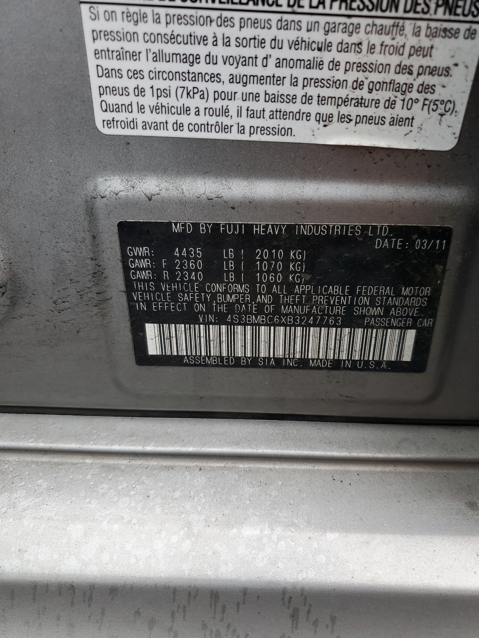 4S3BMBC6XB3247763 2011 Subaru Legacy 2.5I Premium