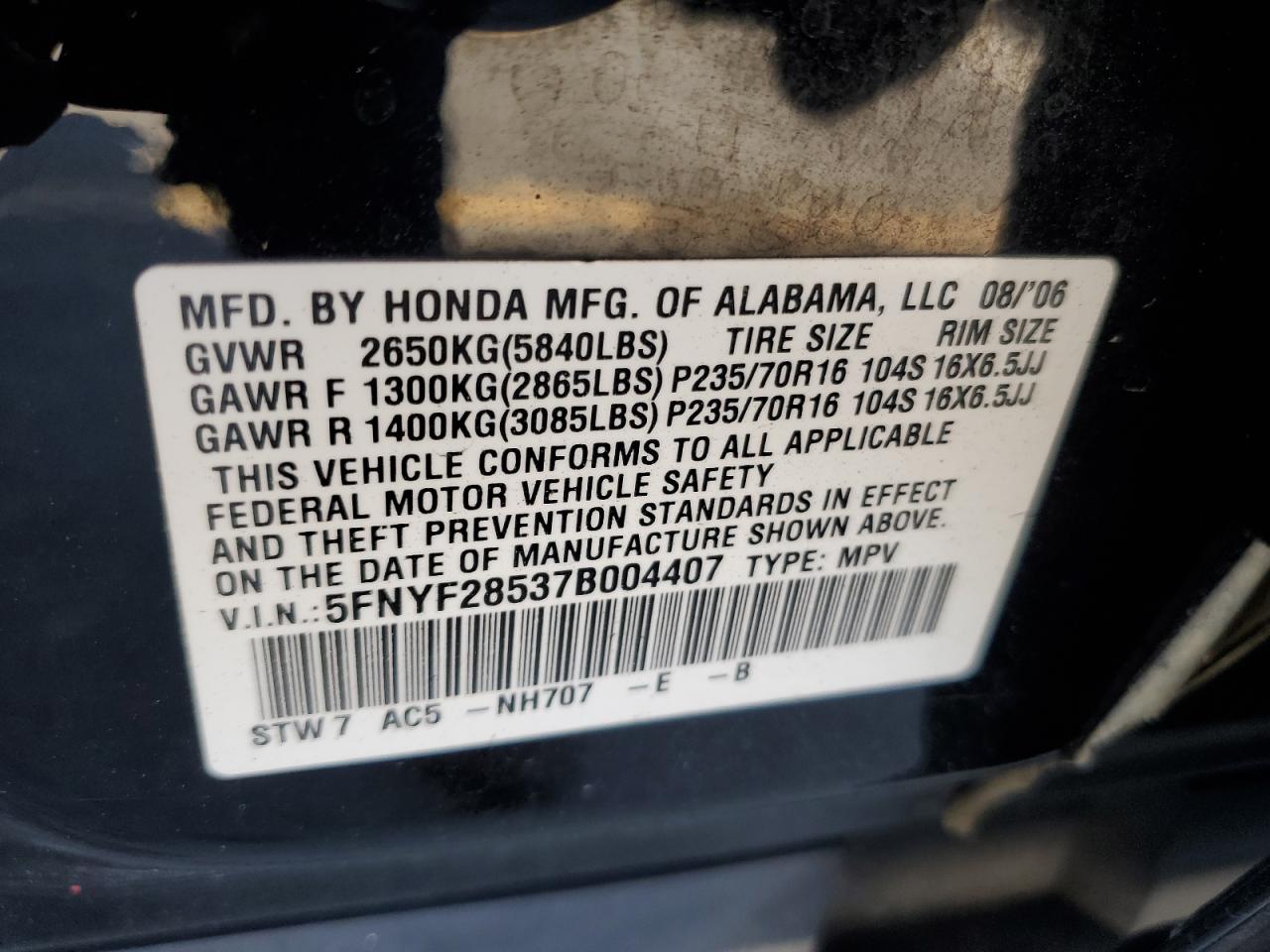 2007 Honda Pilot Exl VIN: 5FNYF28537B004407 Lot: 63063594