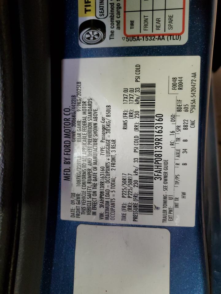 2009 Ford Fusion Sel VIN: 3FAHP08139R163160 Lot: 64173854