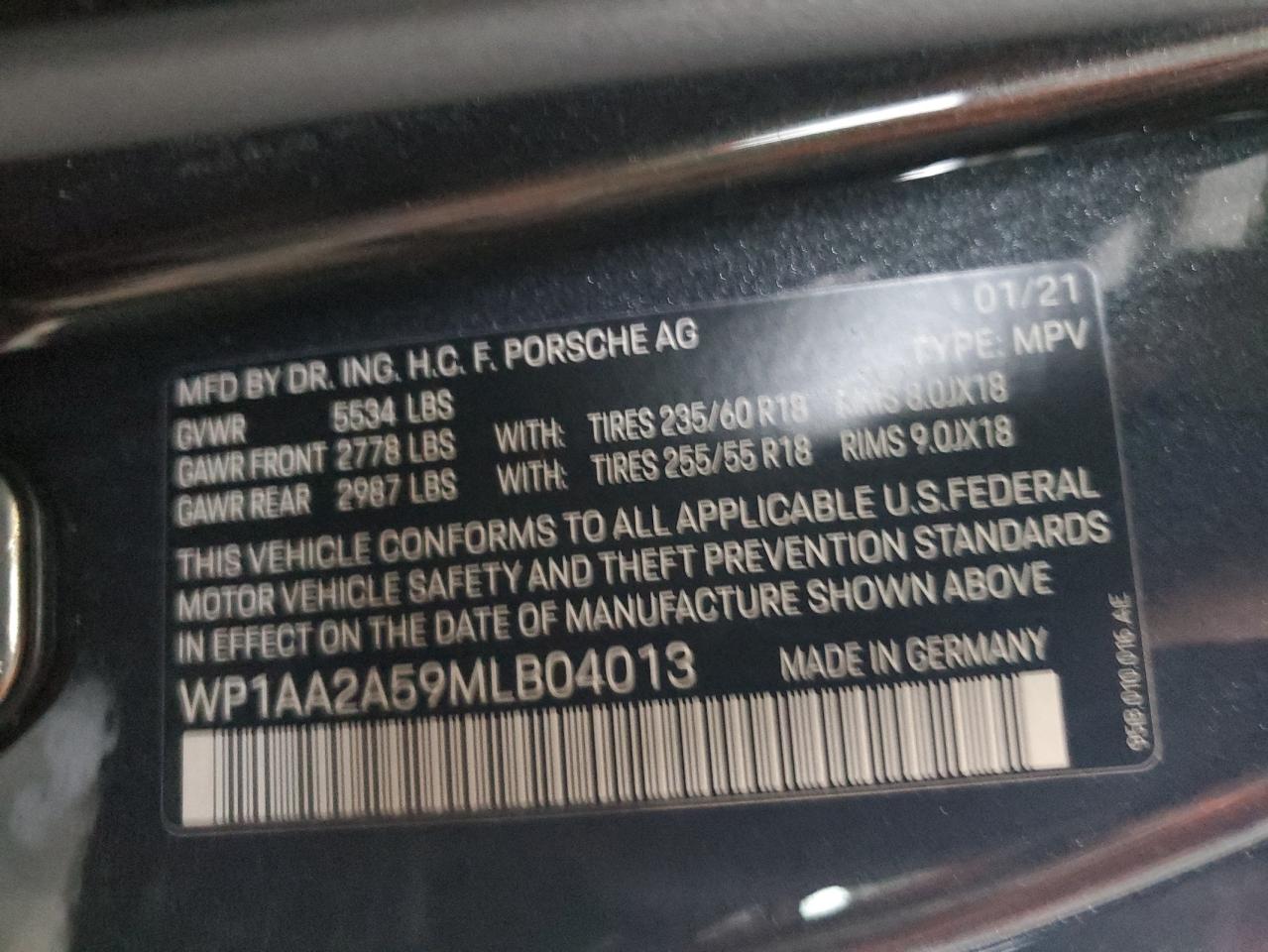 2021 Porsche Macan VIN: WP1AA2A59MLB04013 Lot: 63066494