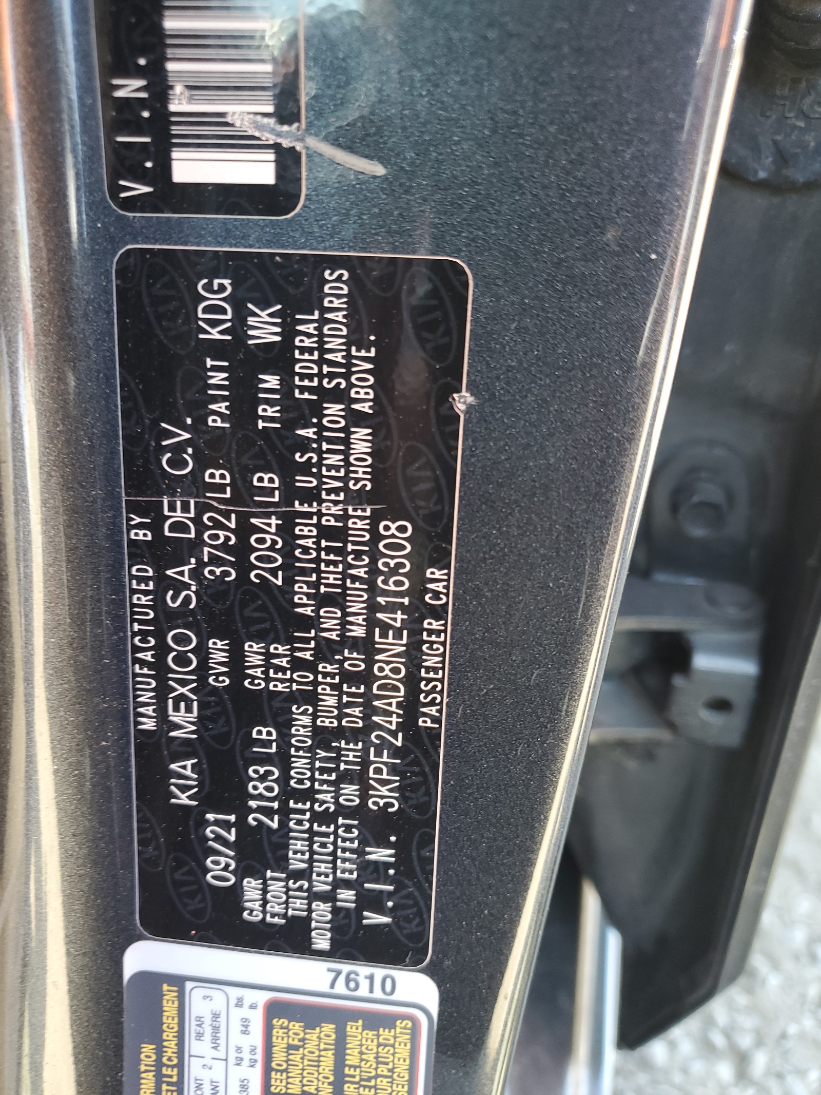 3KPF24AD8NE416308 2022 Kia Forte Fe