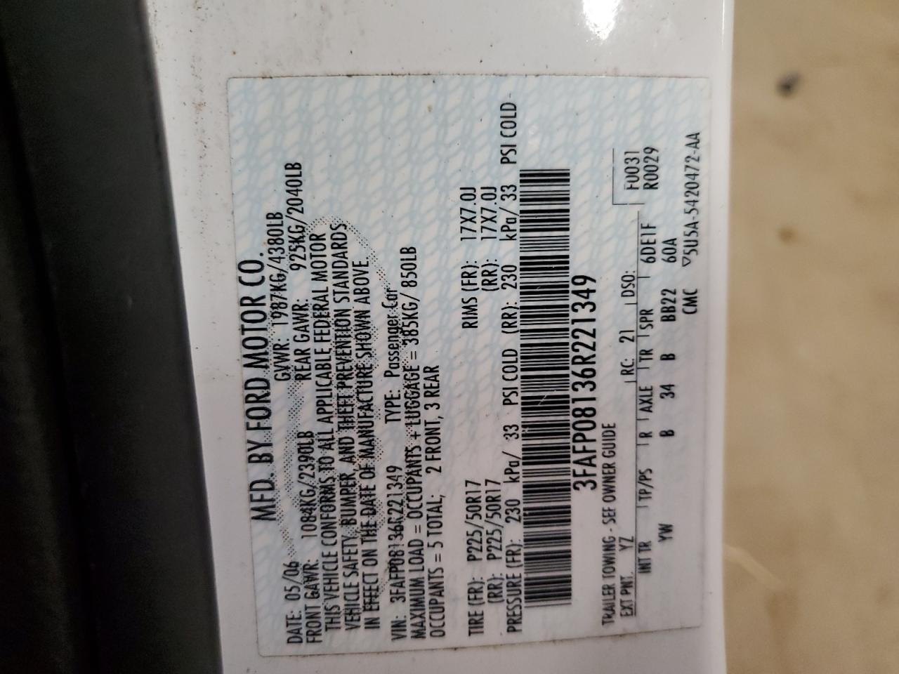 2006 Ford Fusion Sel VIN: 3FAFP08136R221349 Lot: 61741584