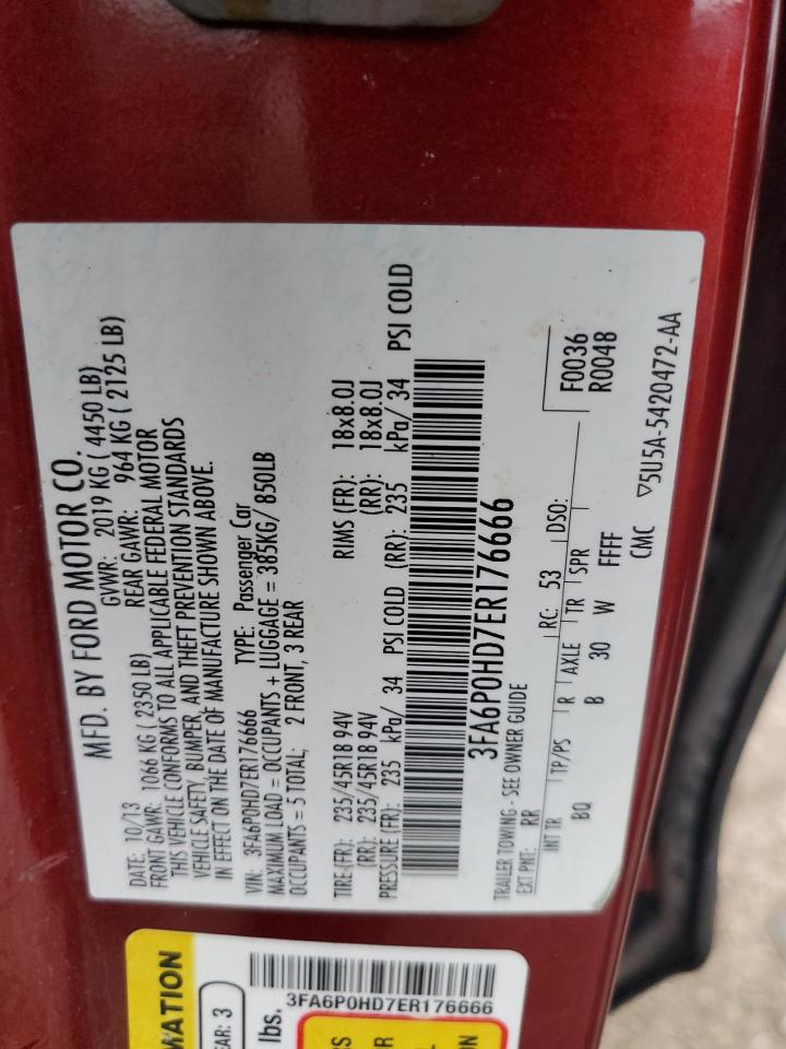 2014 Ford Fusion Se VIN: 3FA6P0HD7ER176666 Lot: 63131994