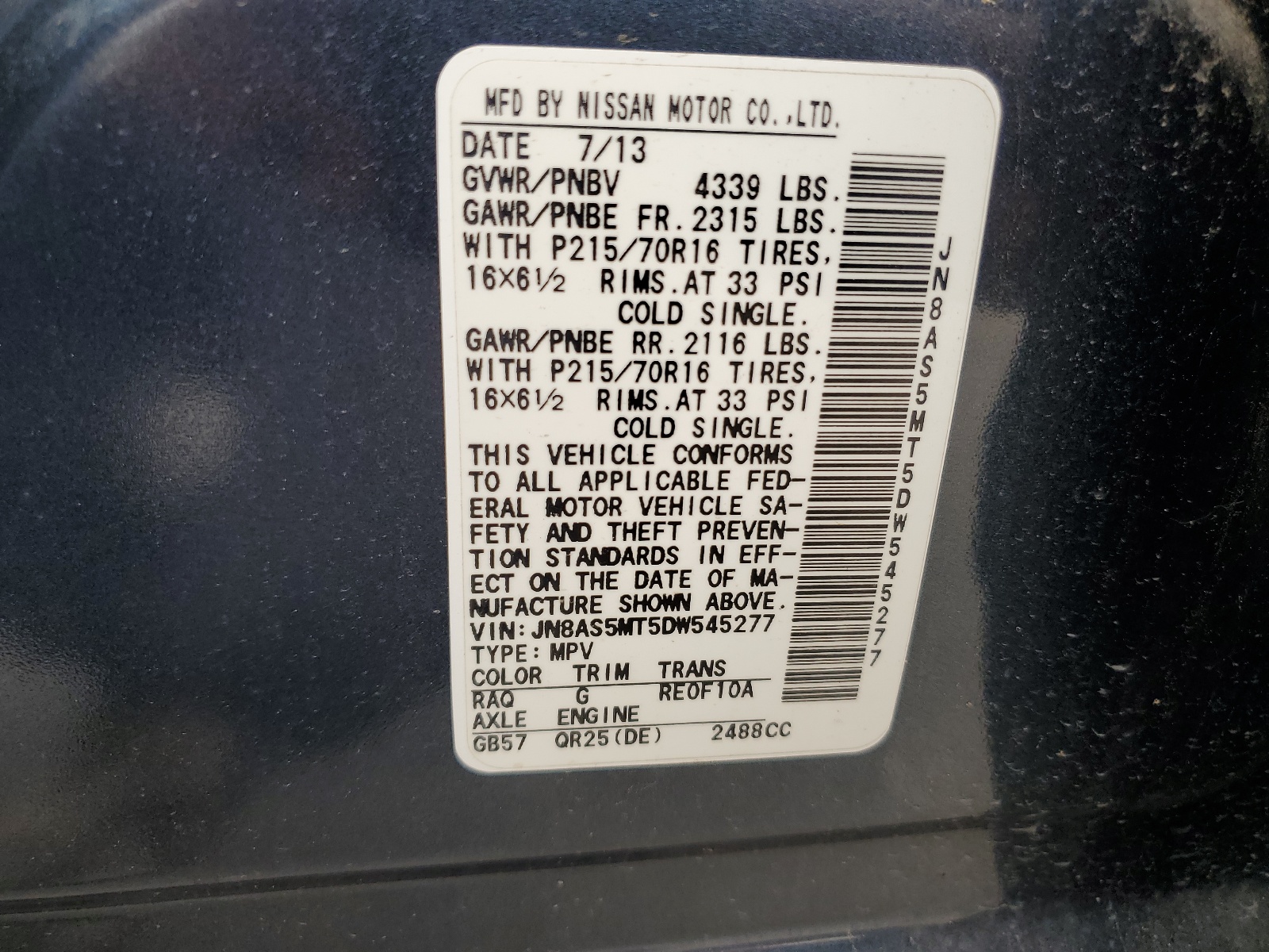 JN8AS5MT5DW545277 2013 Nissan Rogue S
