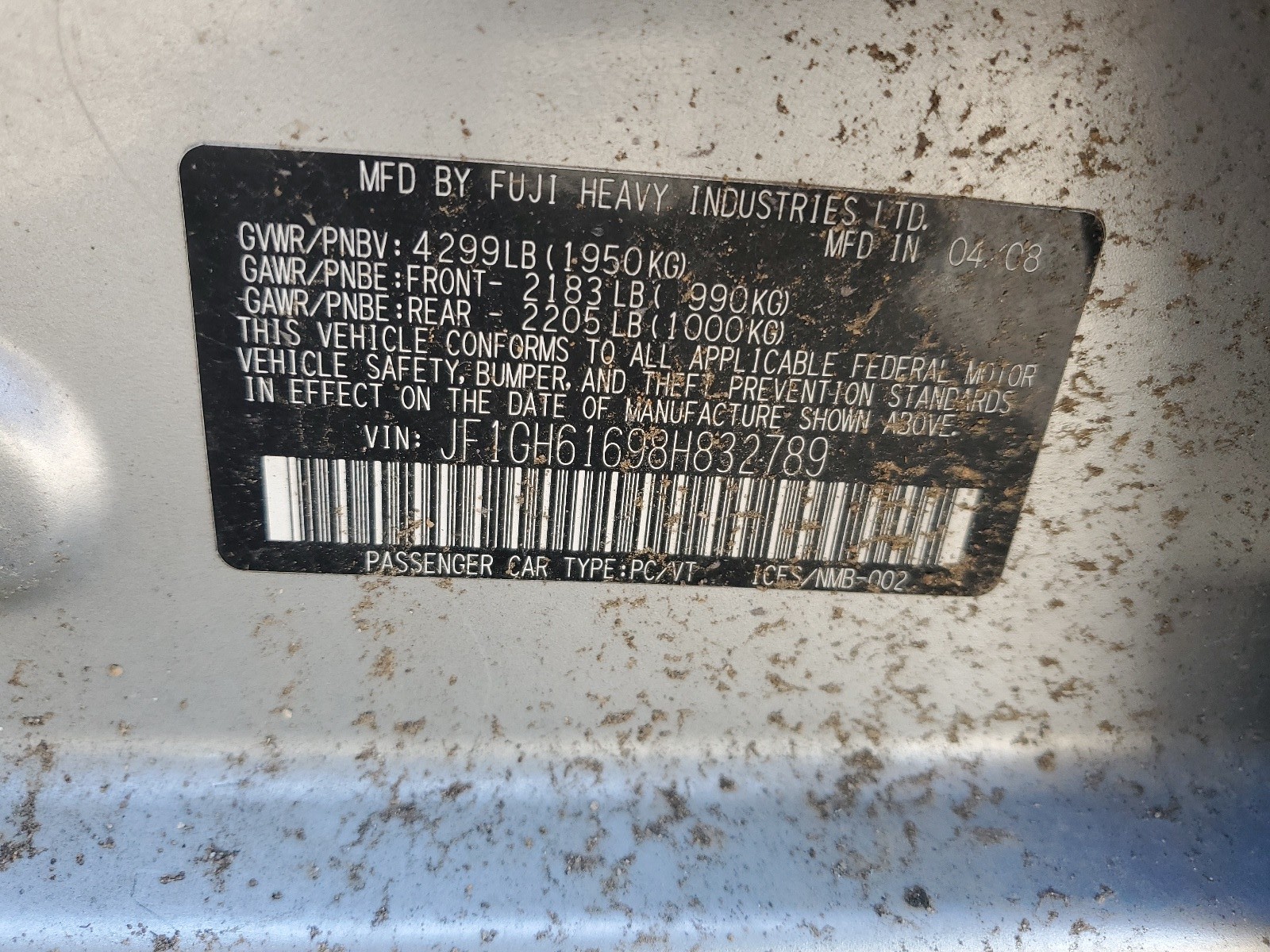 JF1GH61698H832789 2008 Subaru Impreza 2.5I