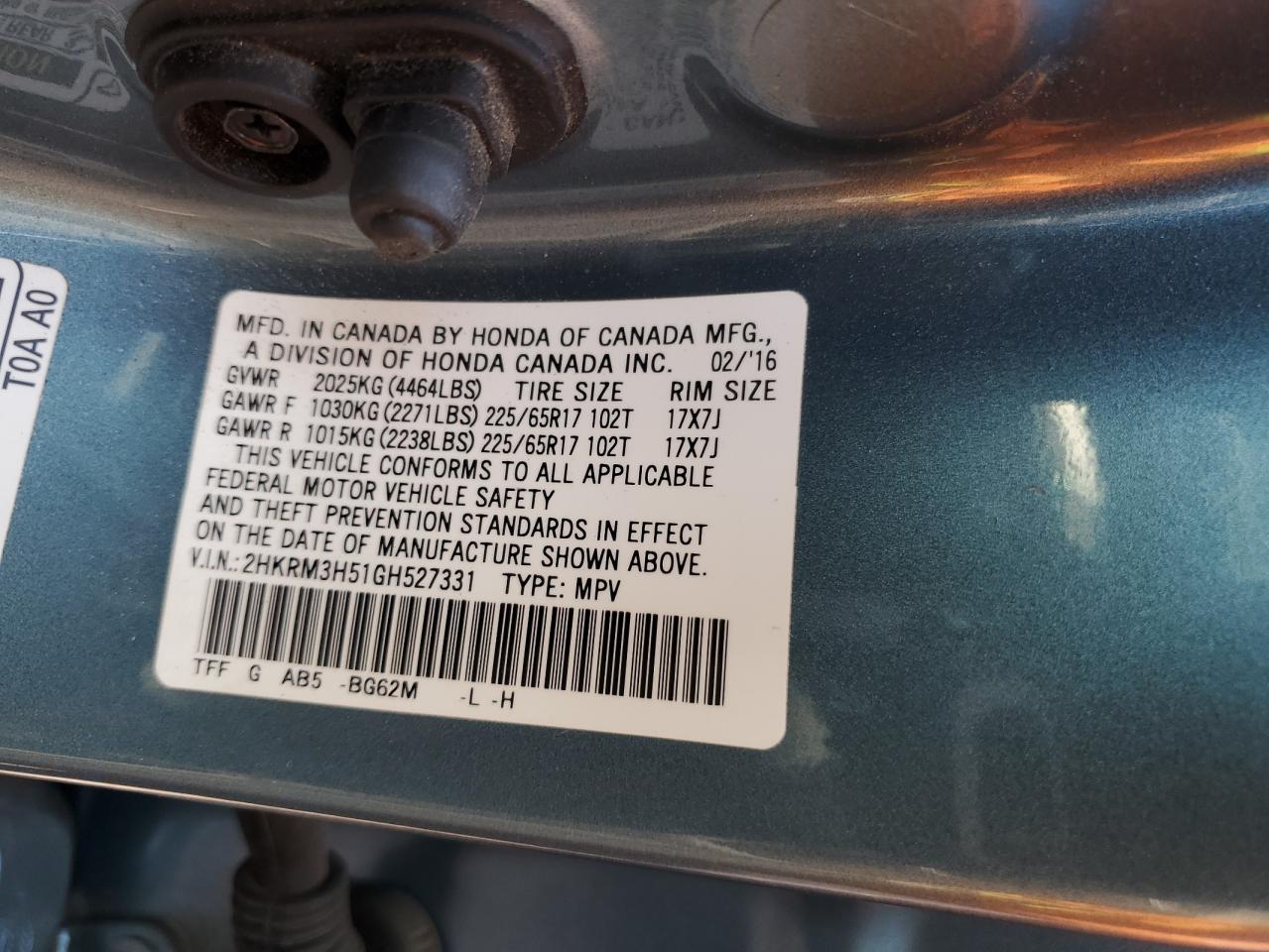 2016 Honda Cr-V Ex VIN: 2HKRM3H51GH527331 Lot: 62846364