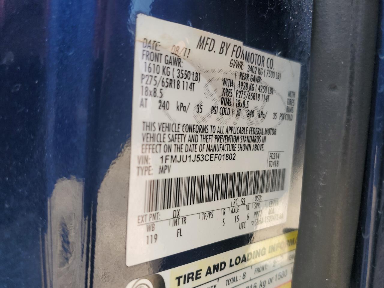 2012 Ford Expedition Xlt VIN: 1FMJU1J53CEF01802 Lot: 63225024