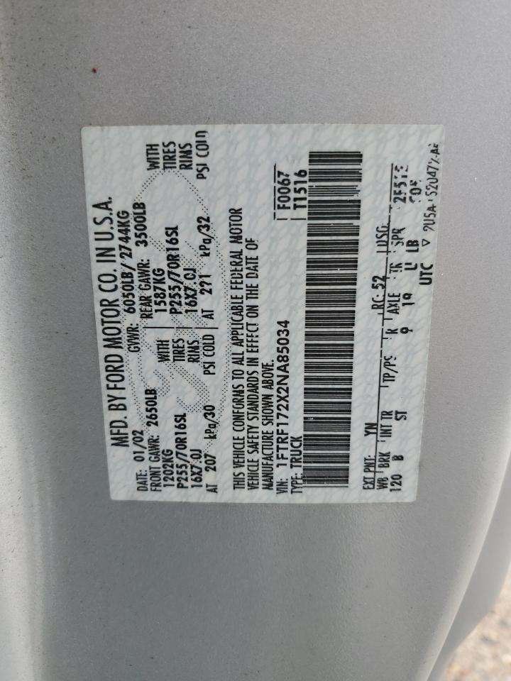 2002 Ford F150 VIN: 1FTRF172X2NA85034 Lot: 64505334
