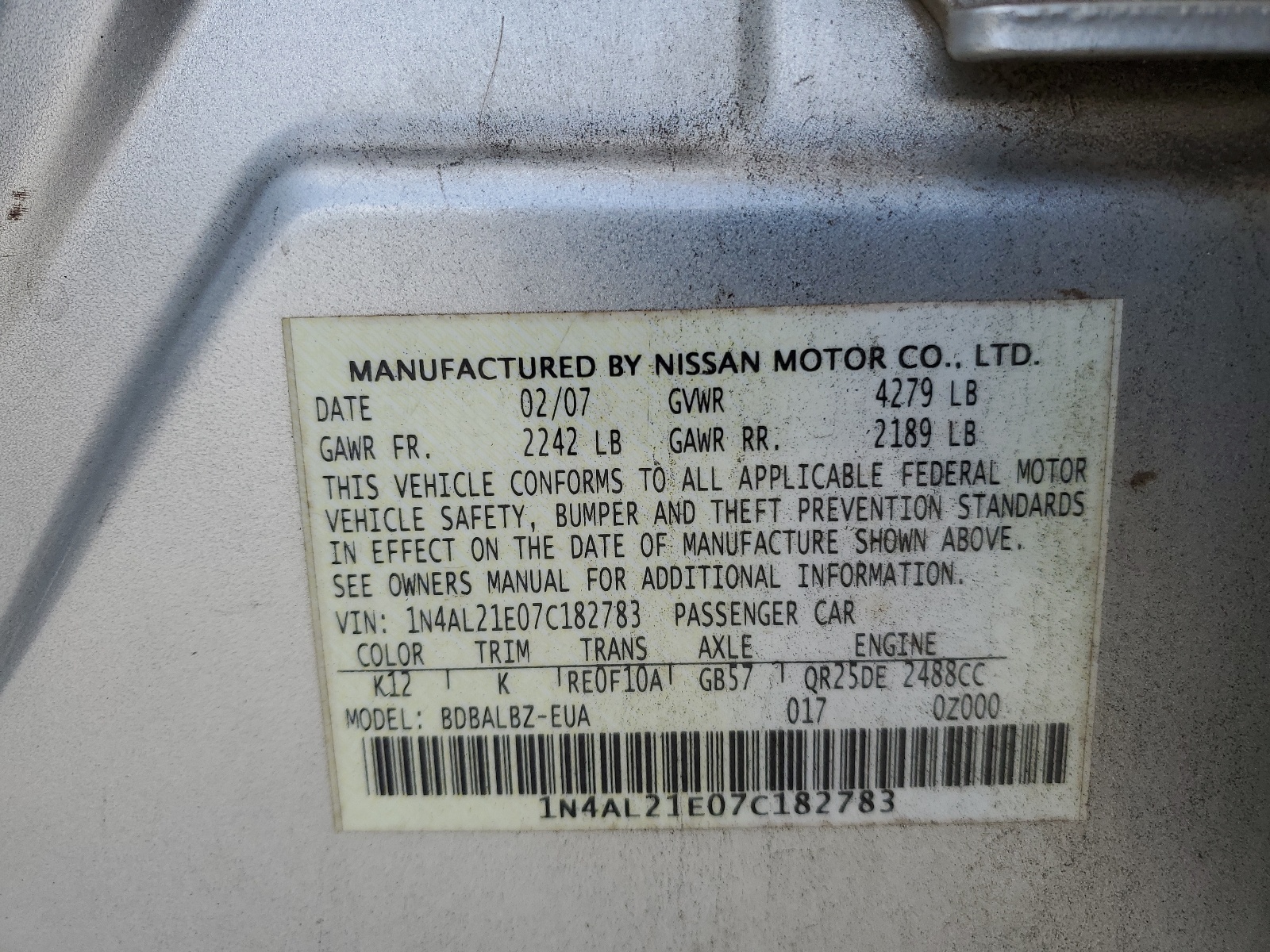 1N4AL21E07C182783 2007 Nissan Altima 2.5