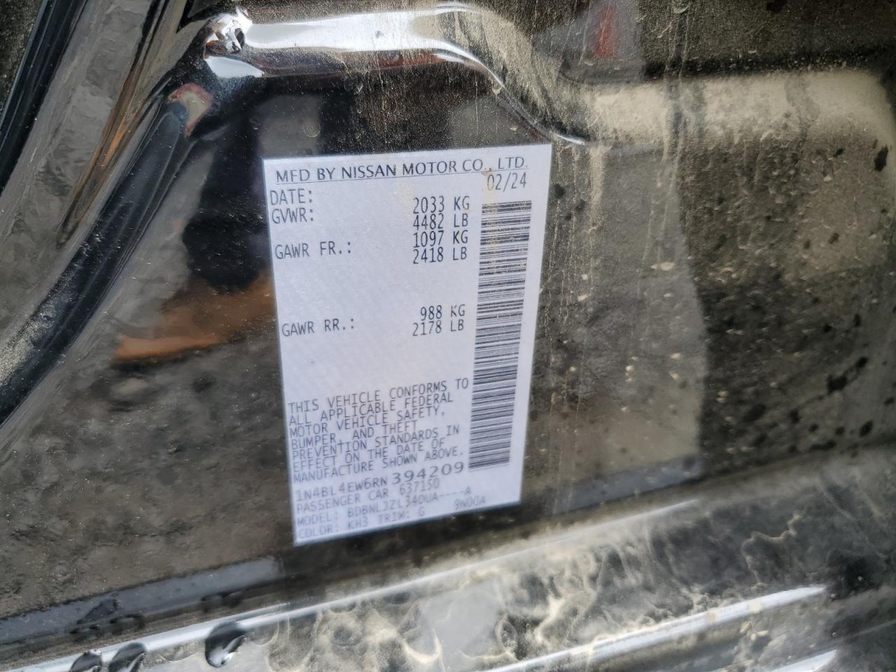 2024 Nissan Altima Sl VIN: 1N4BL4EW6RN394209 Lot: 62662064