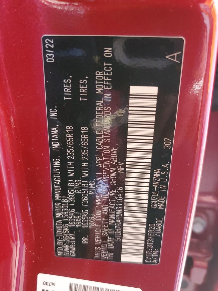 2022 Toyota Highlander Xle VIN: 5TDHZRAH9NS116416 Lot: 63557024