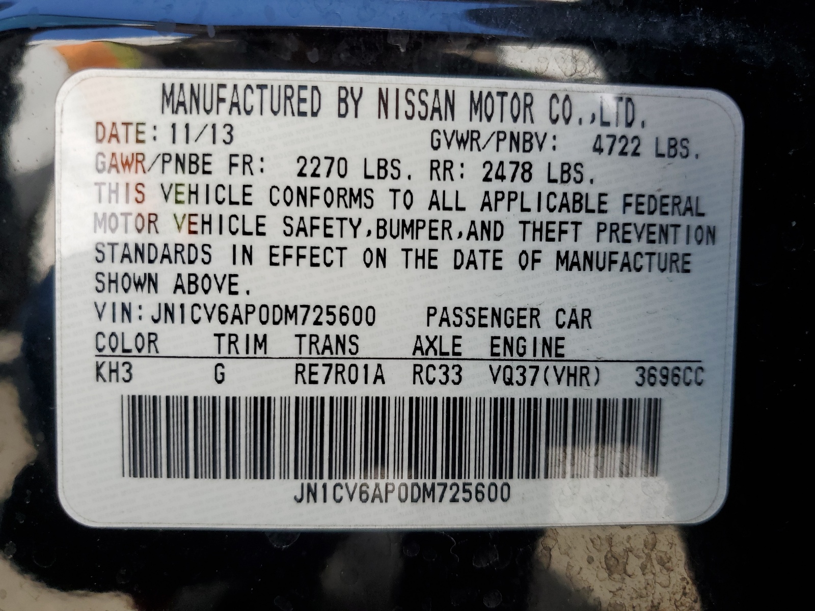 JN1CV6AP0DM725600 2013 Infiniti G37 Base