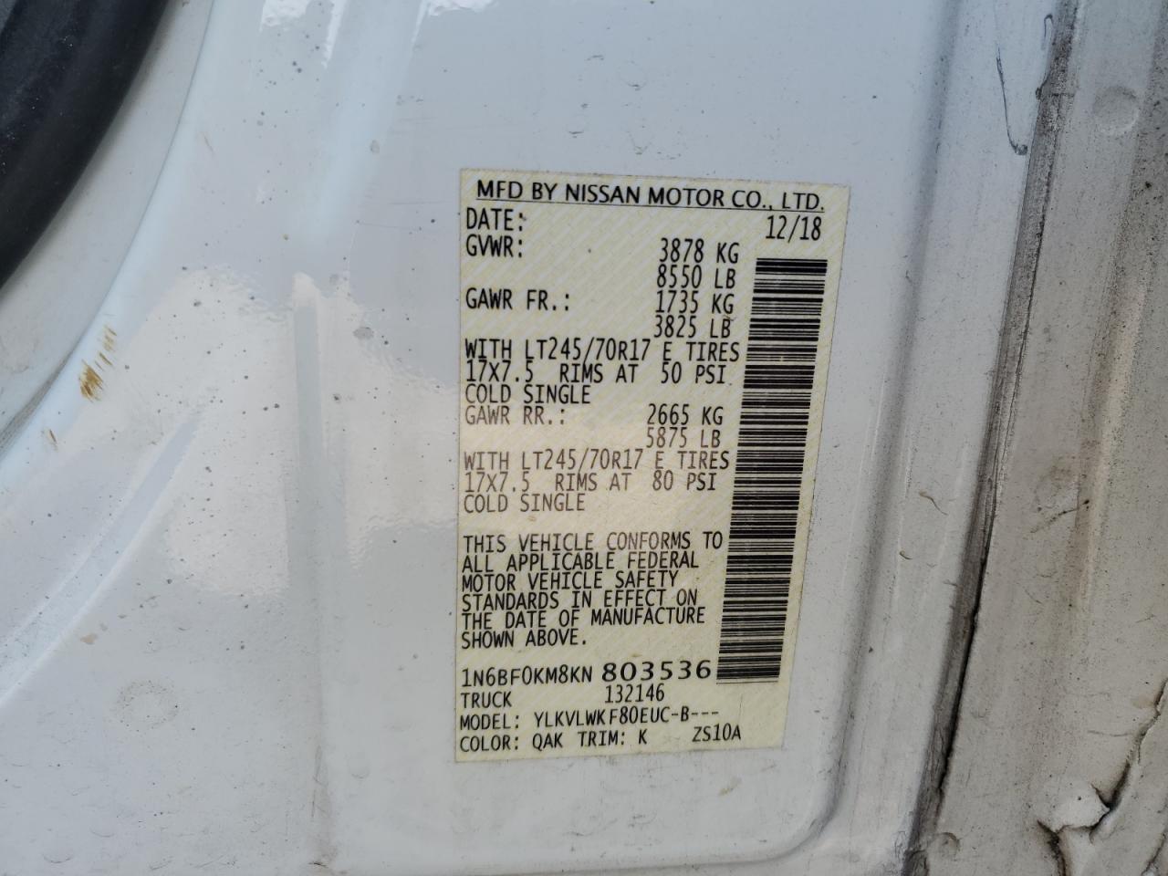 1N6BF0KM8KN803536 2019 Nissan Nv 1500 S