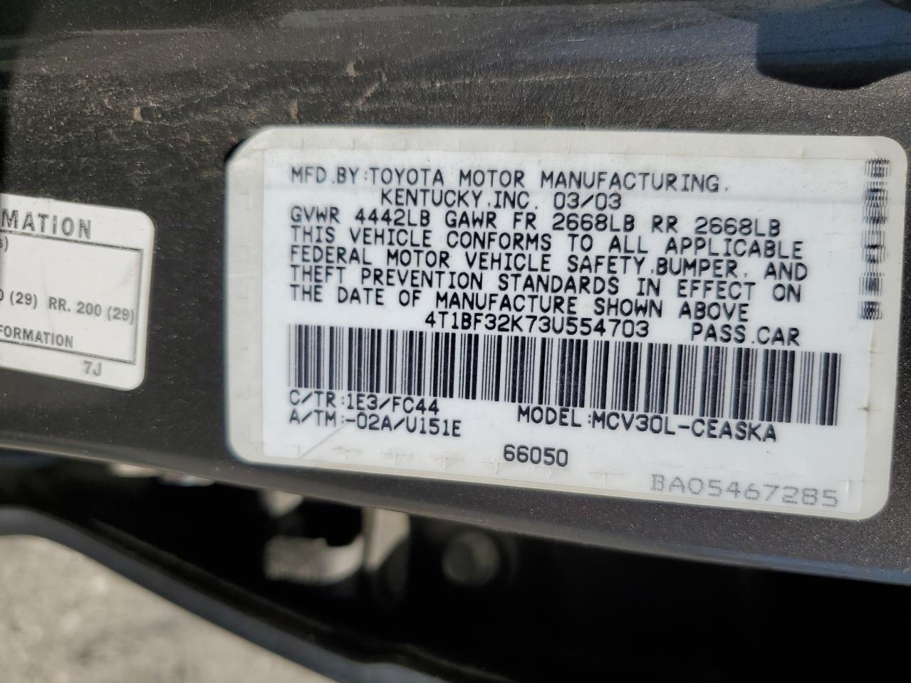 2003 Toyota Camry Le VIN: 4T1BF32K73U554703 Lot: 64265214