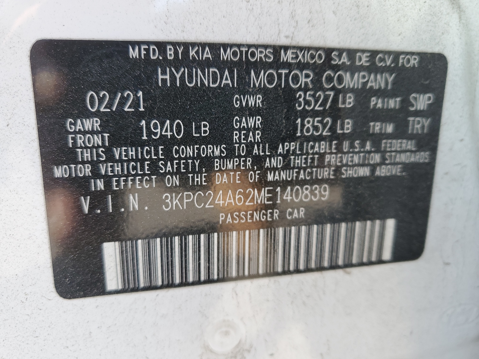 3KPC24A62ME140839 2021 Hyundai Accent Se