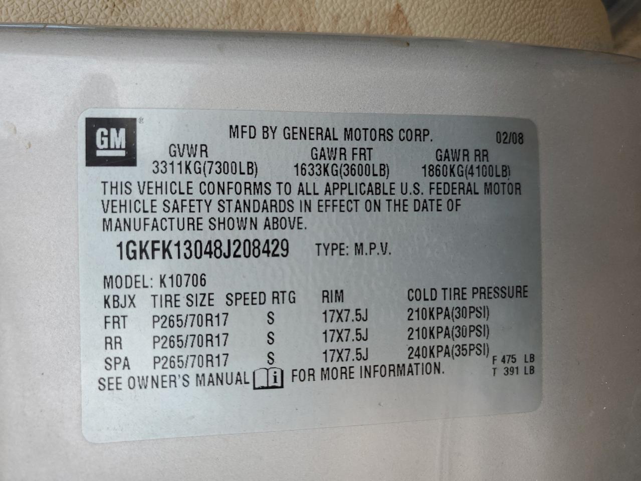 2008 GMC Yukon VIN: 1GKFK13048J208429 Lot: 63046354