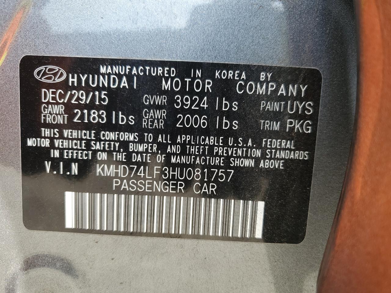 2017 Hyundai Elantra Se VIN: KMHD74LF3HU081757 Lot: 63851234