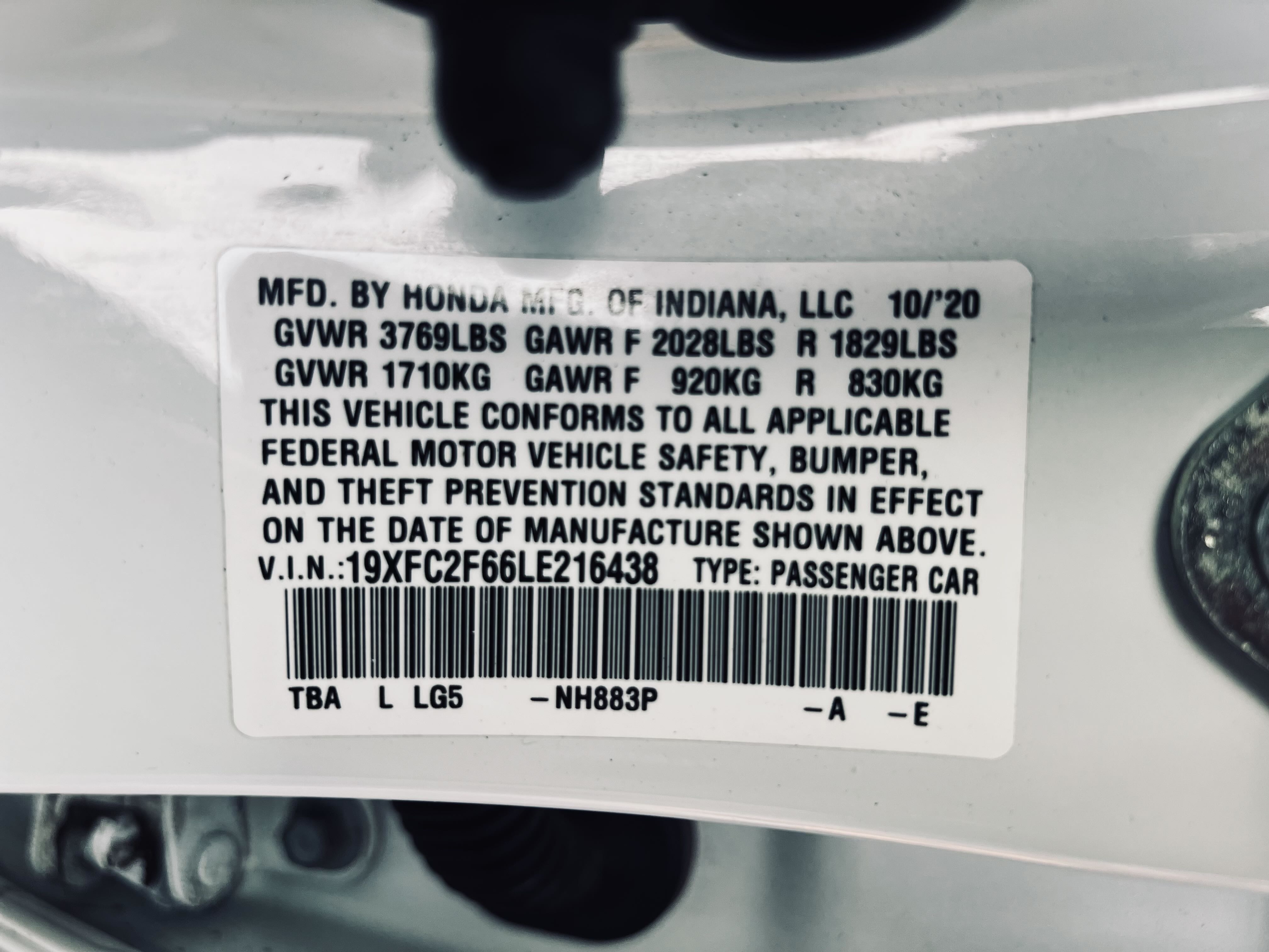 19XFC2F66LE216438 2020 Honda Civic Lx