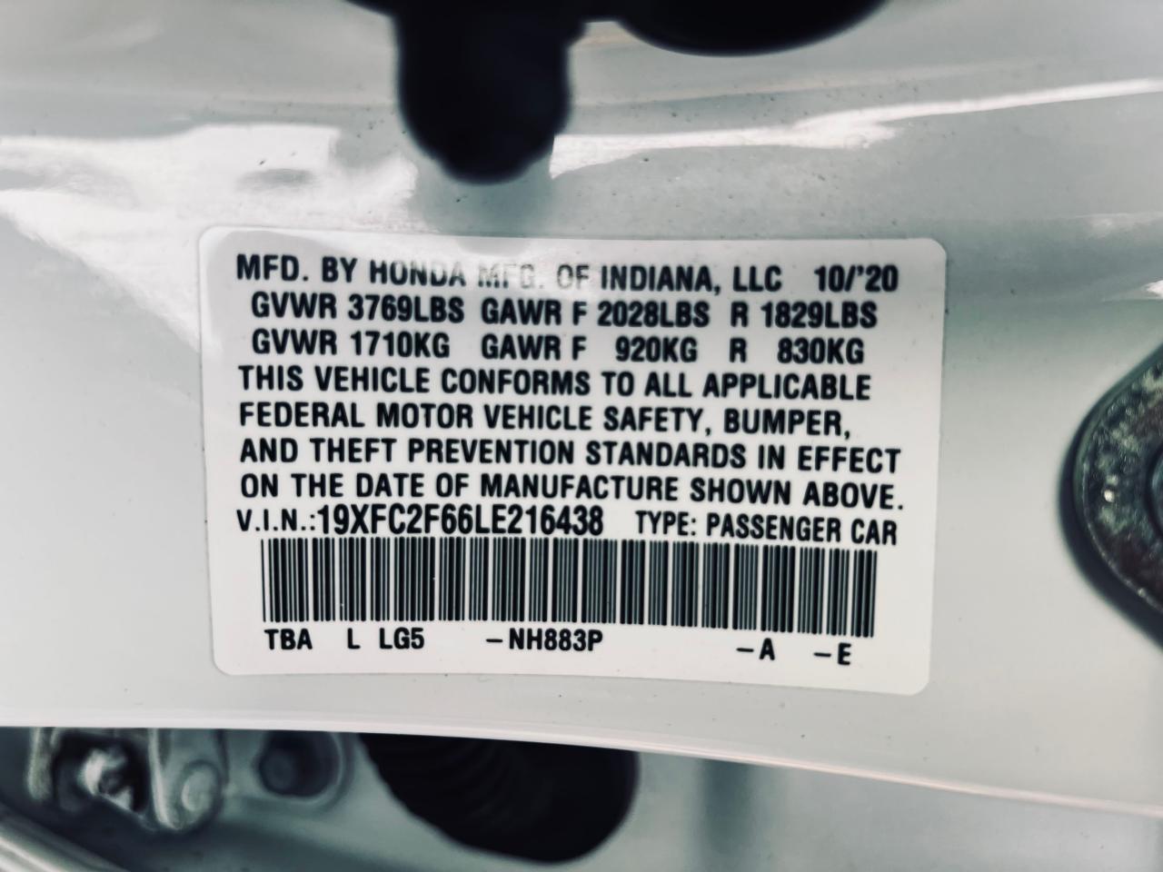 2020 Honda Civic Lx VIN: 19XFC2F66LE216438 Lot: 63326114