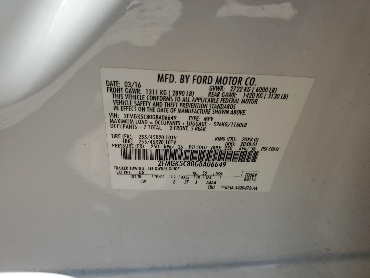 2016 Ford Flex Sel VIN: 2FMGK5C80GBA06649 Lot: 62741404