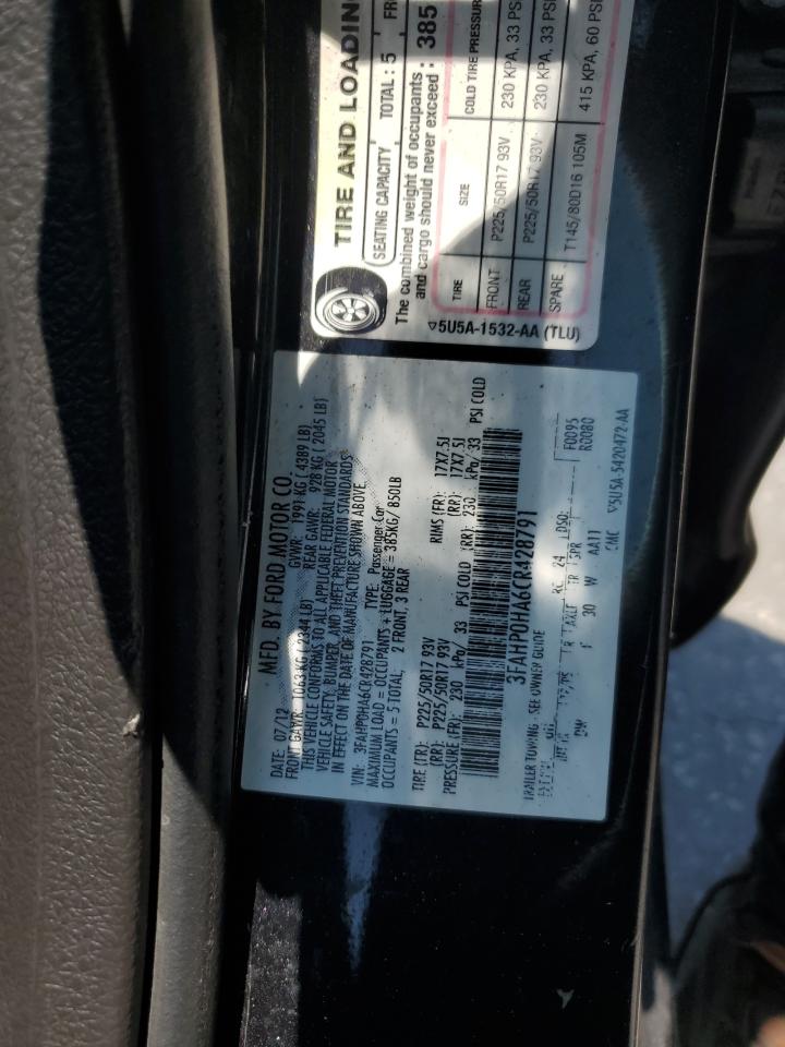 2012 Ford Fusion Se VIN: 3FAHP0HA6CR428791 Lot: 61737044