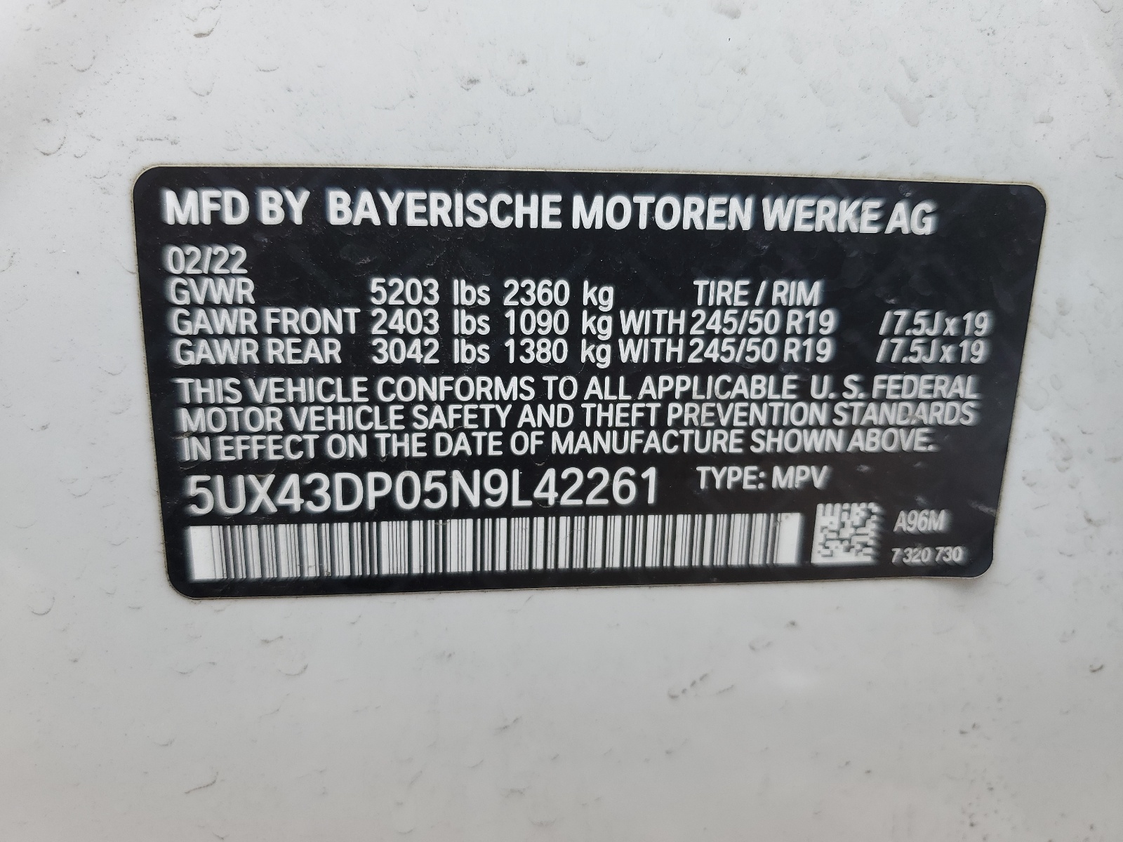 5UX43DP05N9L42261 2022 BMW X3 Sdrive30I