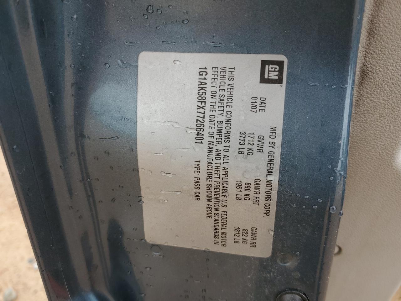 2007 Chevrolet Cobalt Ls VIN: 1G1AK58FX77266401 Lot: 62034374