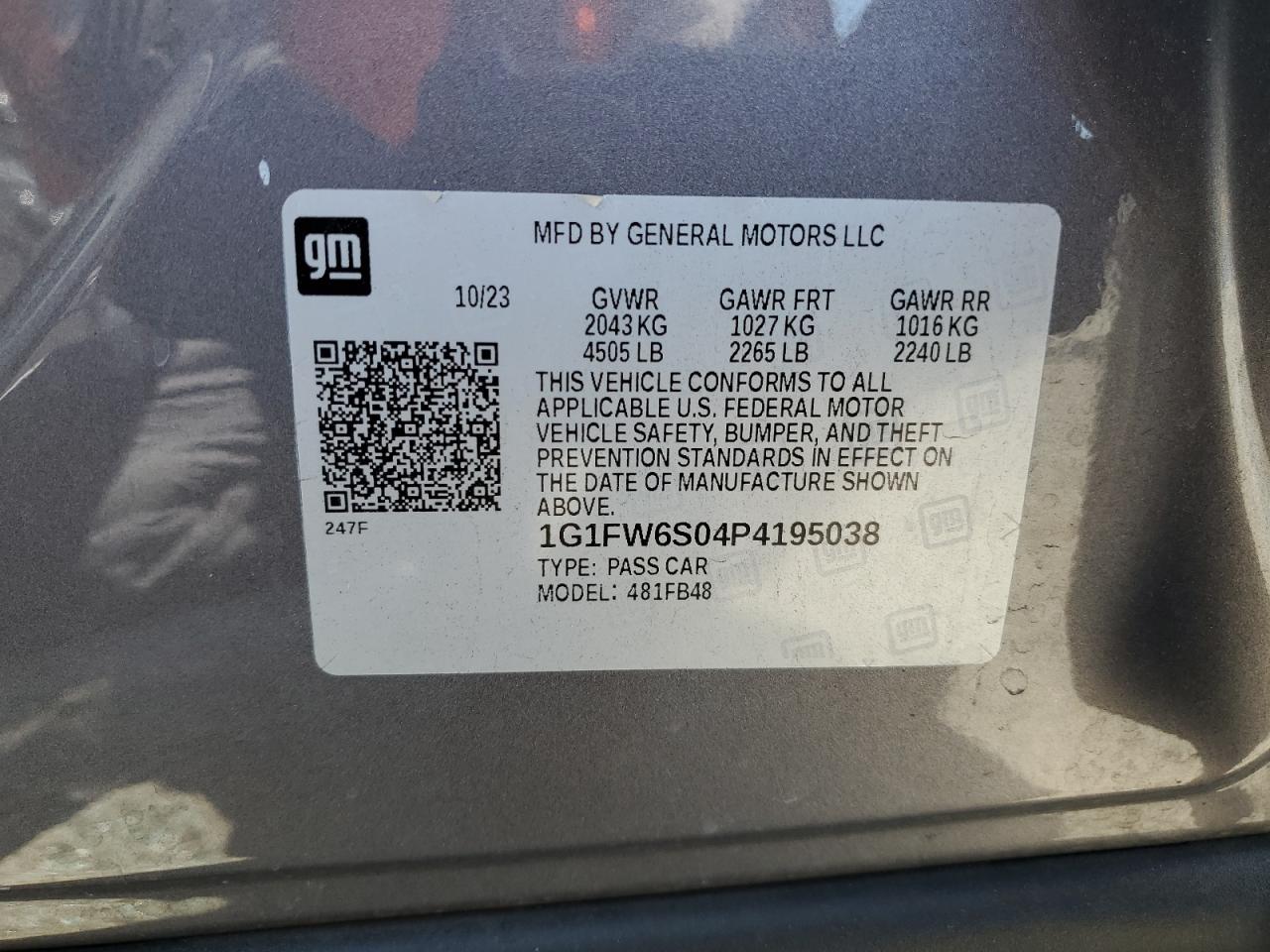 2023 Chevrolet Bolt Ev 1Lt VIN: 1G1FW6S04P4195038 Lot: 63904084