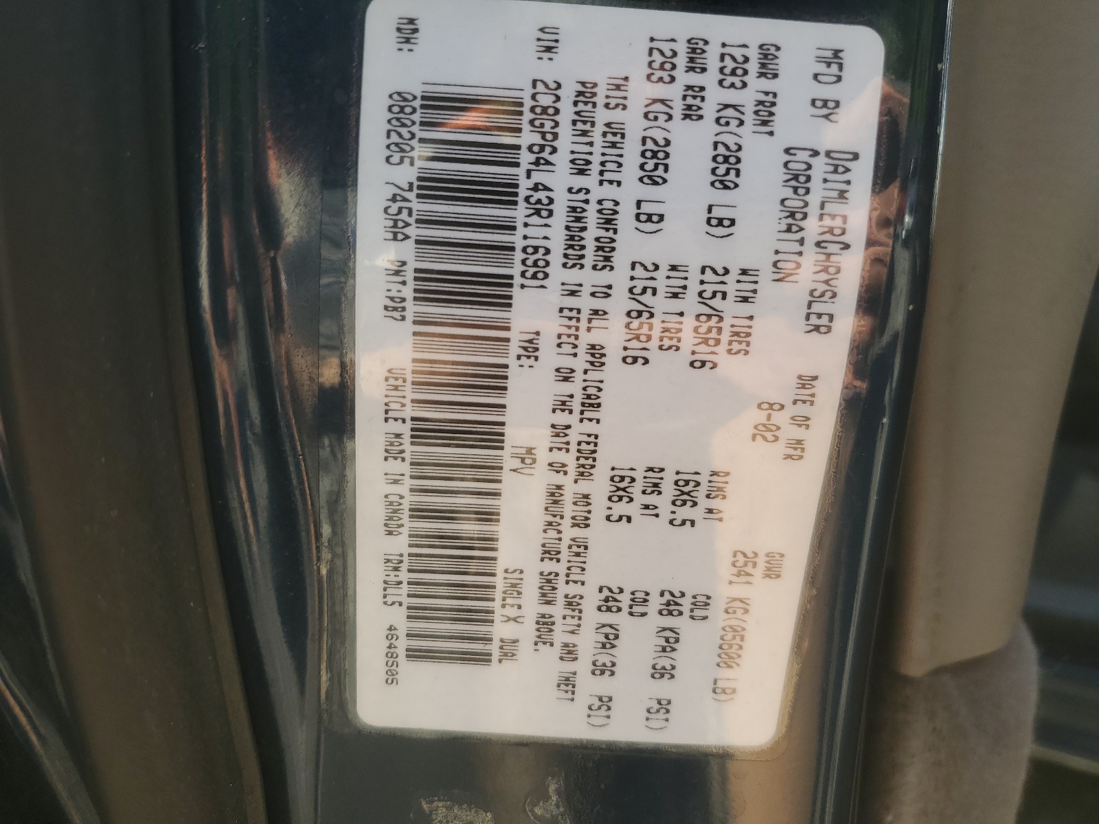 2C8GP64L43R116991 2003 Chrysler Town & Country Limited