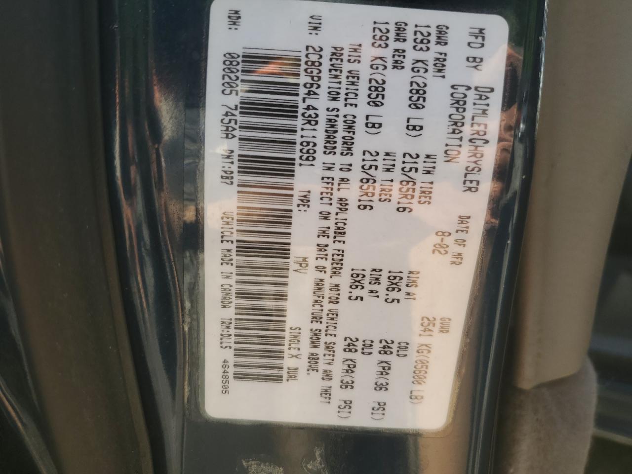 2003 Chrysler Town & Country Limited VIN: 2C8GP64L43R116991 Lot: 61329294